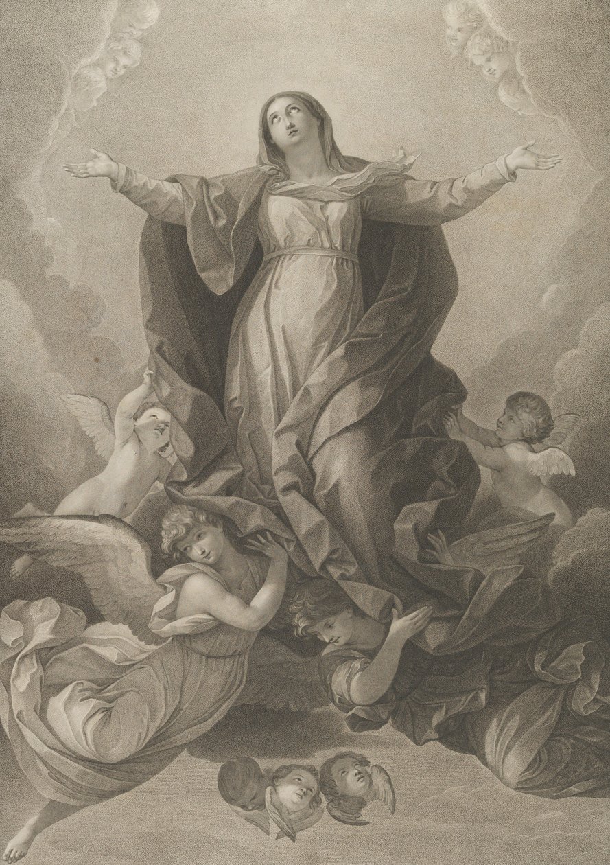 Antagelsen av jomfruen, som reiser seg med armene utstrakt, engler som støtter henne fra..., 1792. av Carl Ernst Christoph Hess