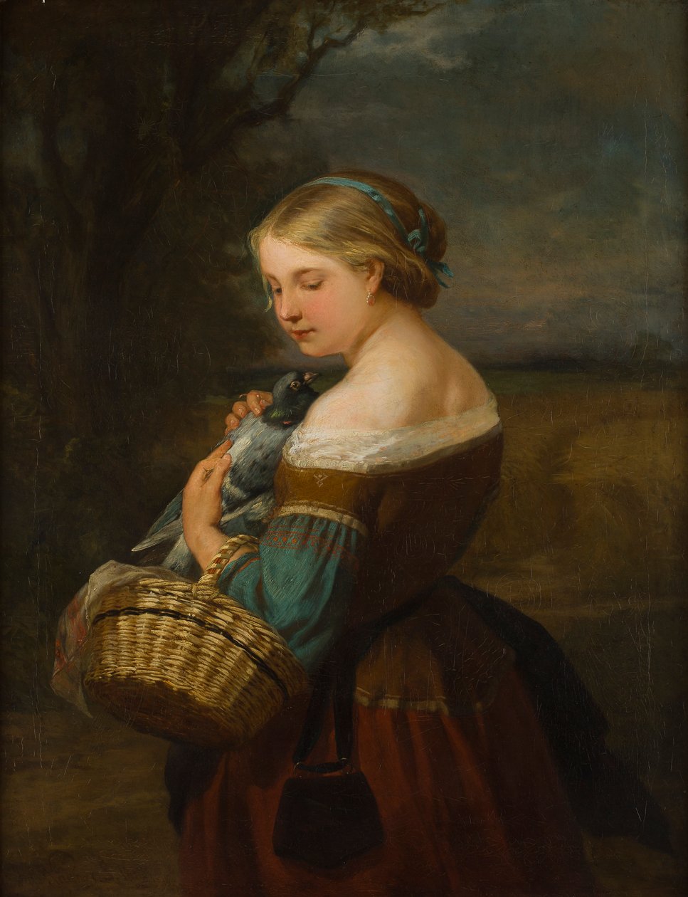 Portrett av en bondepike med en due (olje på lerret) av Carl Ernst Ludwig Wagner