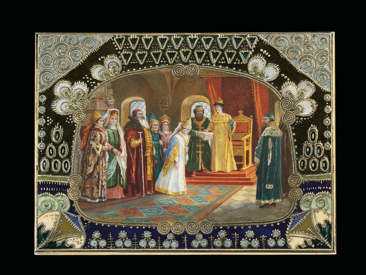 Detalj av den malte kartusjen fra en bordboks, som viser tsar Alexei Mikhailovich som velger en brud, ca. 1908-1917 av Carl Fabergé