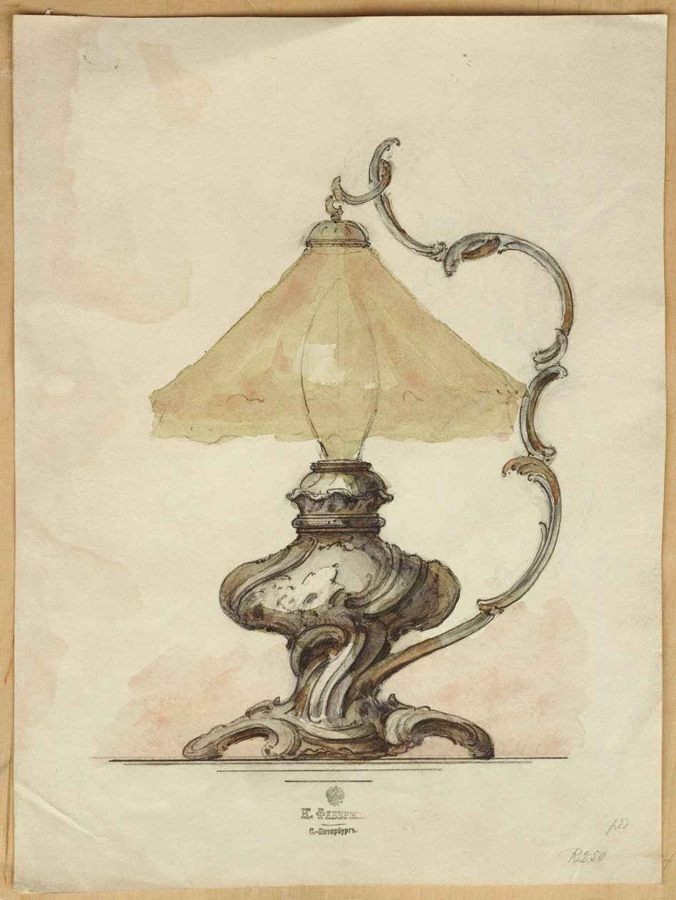 Tegning av en bordlampe i sølv med vridd riflet kropp i rokokkostil, House of Carl Faberge av Carl Fabergé