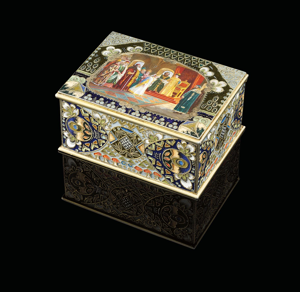 En bordboks med malt kartusj som viser tsar Alexei Mikhailovich som velger en brud, ca. 1908-1917 av Carl Fabergé