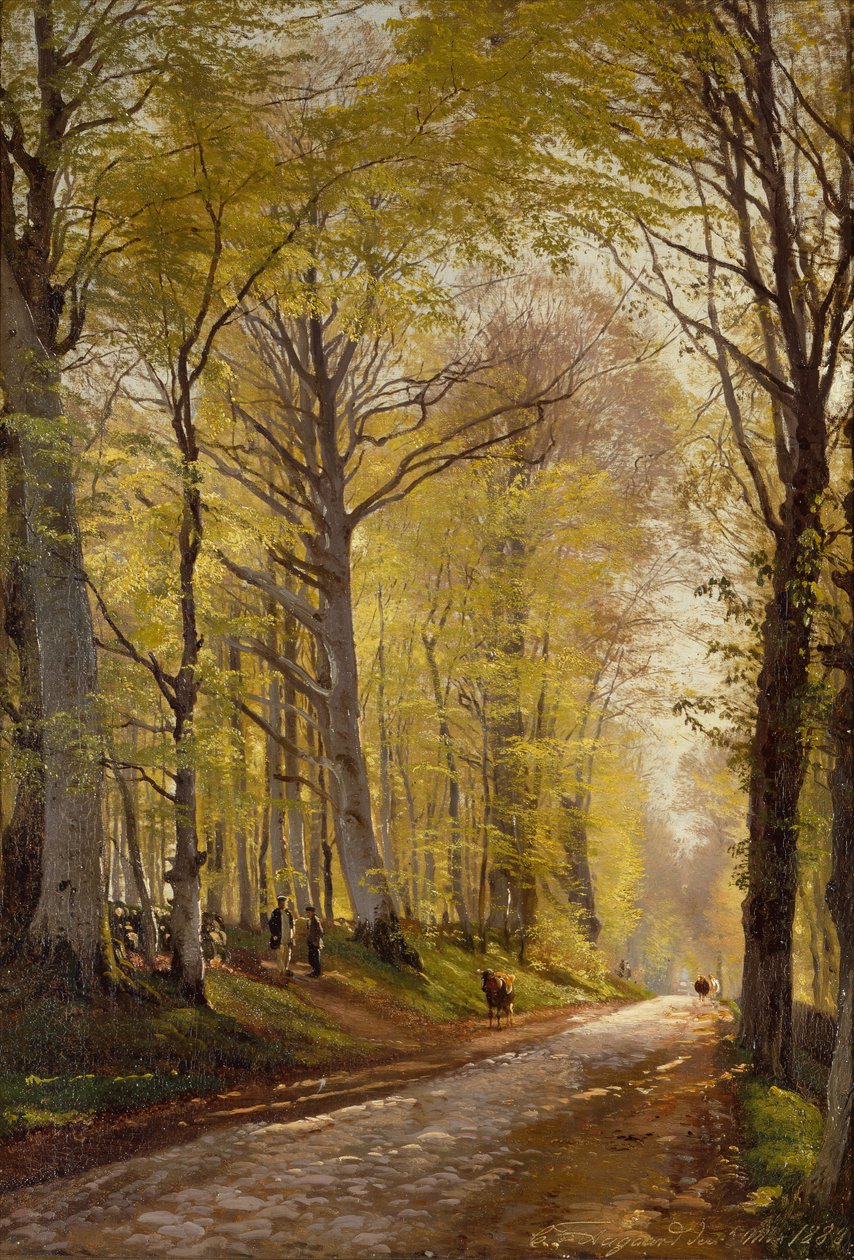 En skogssti med gjetere og storfe (olje på lerret) av Carl Frederick Aagaard