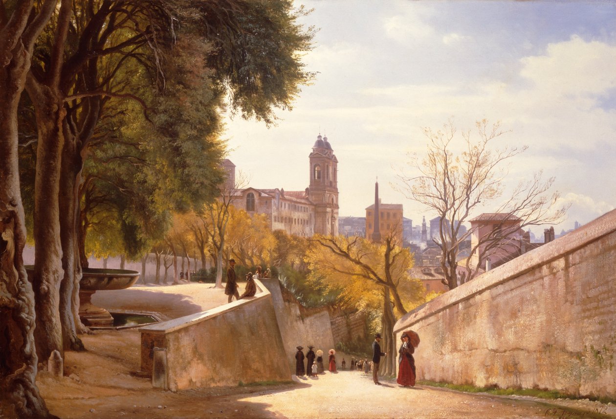 Utsikt over Viale Trinità dei Monti med Villa Medicis fontene, sett fra Via di San Sebastianello, Roma av Carl Frederick Aagaard