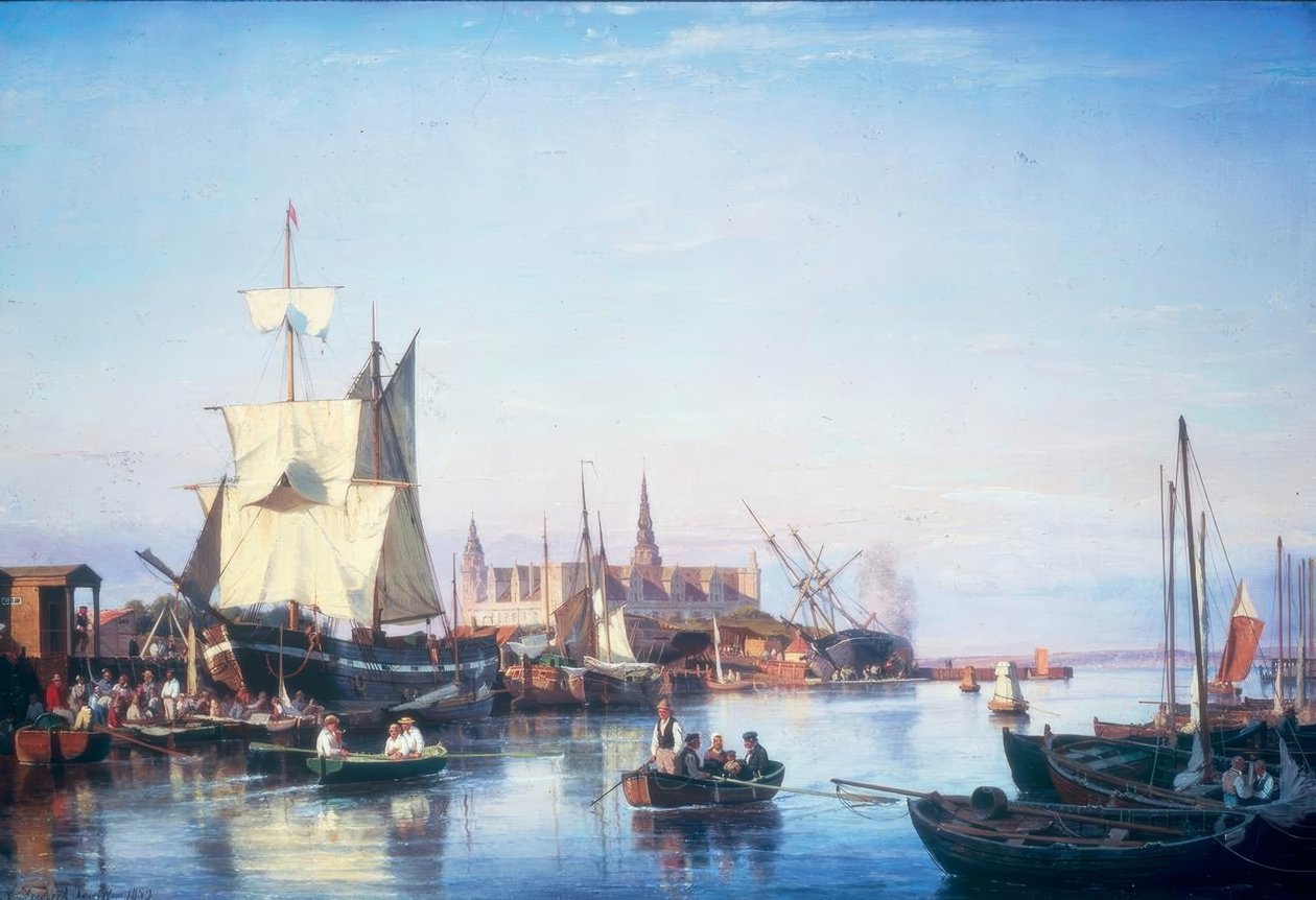 Helsingør havn med Kronborg slott av Carl Frederik Sorensen