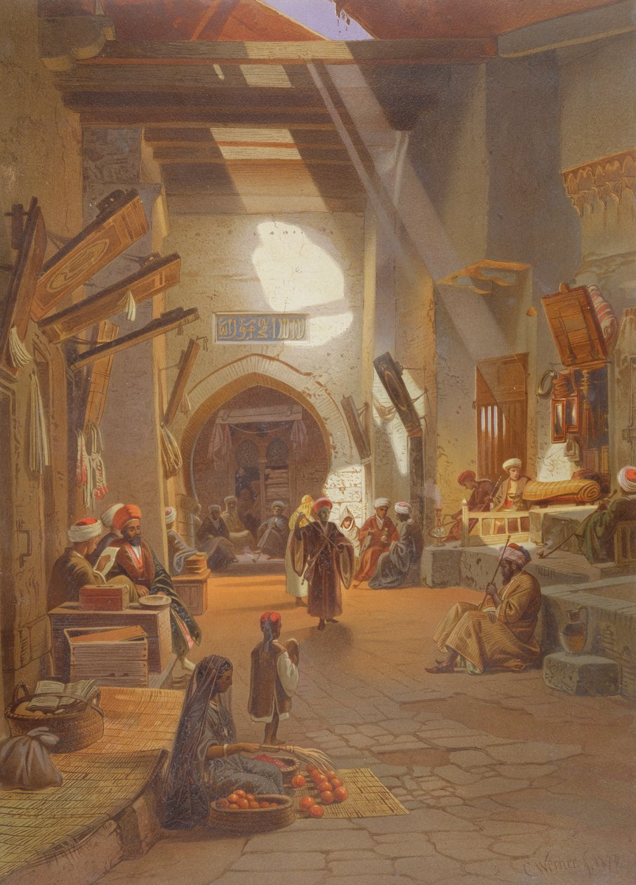 Bazaar at Girgah, en av 24 illustrasjoner produsert av G.W. Seitz, trykt ca. 1873 av Carl Friedrich Heinrich Werner