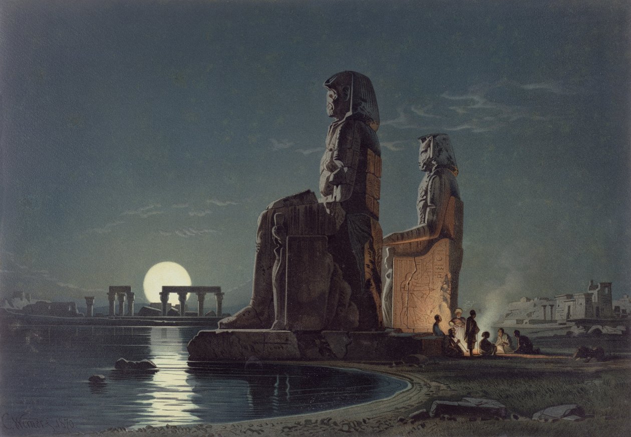 The Colossi of Memnon, Theben, en av 24 illustrasjoner produsert av G.W. Seitz, trykt ca. 1872 av Carl Friedrich Heinrich Werner