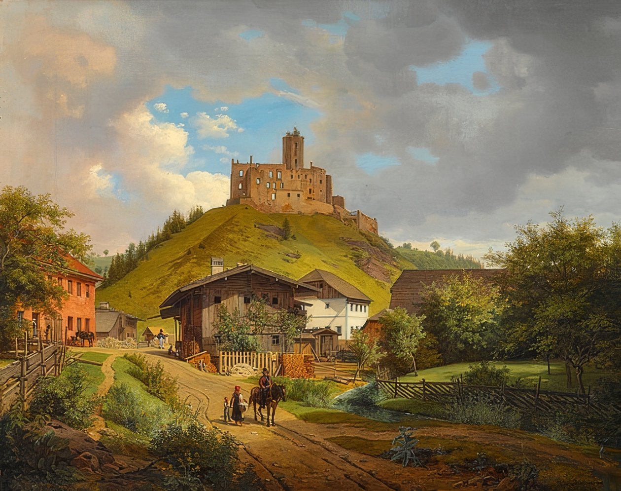 Hilgartsberg slottsruiner og utsikt over Hofmark ved Donau. 1829 av Carl Friedrich Heinzmann