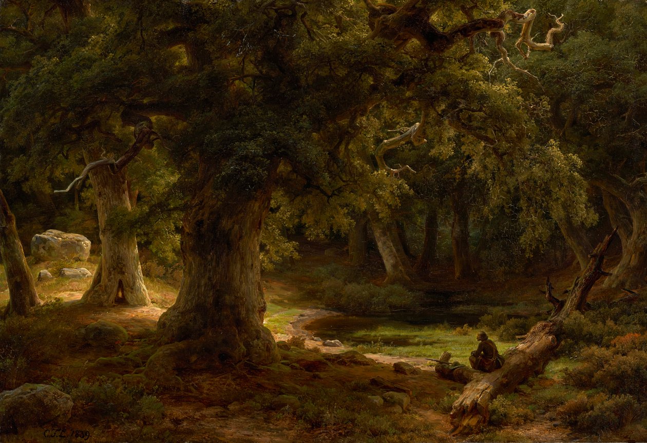 Eikeskog med rastende jeger av Carl Friedrich Lessing