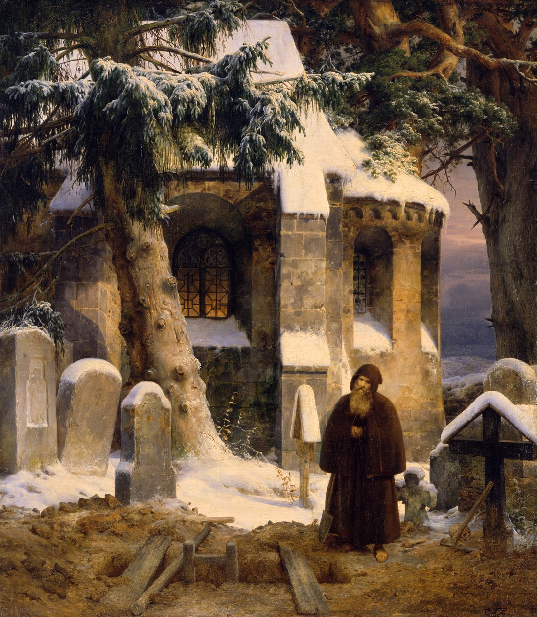 Klosterkirkegård i snøen av Carl Friedrich Lessing