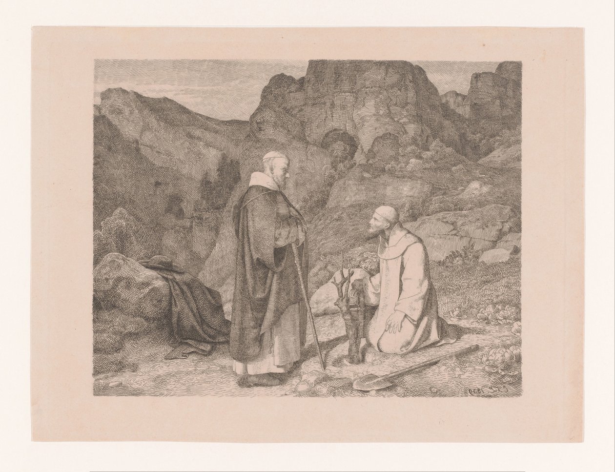 To munker ved et beskåret tre i et fjellandskap av Carl Friedrich Lessing