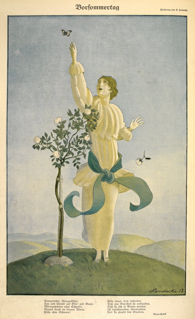 Tegning til diktet "Vorsommertag": .Tegning på diktet "Vorsommertag". En kvinne som strekker seg etter en sommerfugl. av Carl Friedrich Otto Lendecke