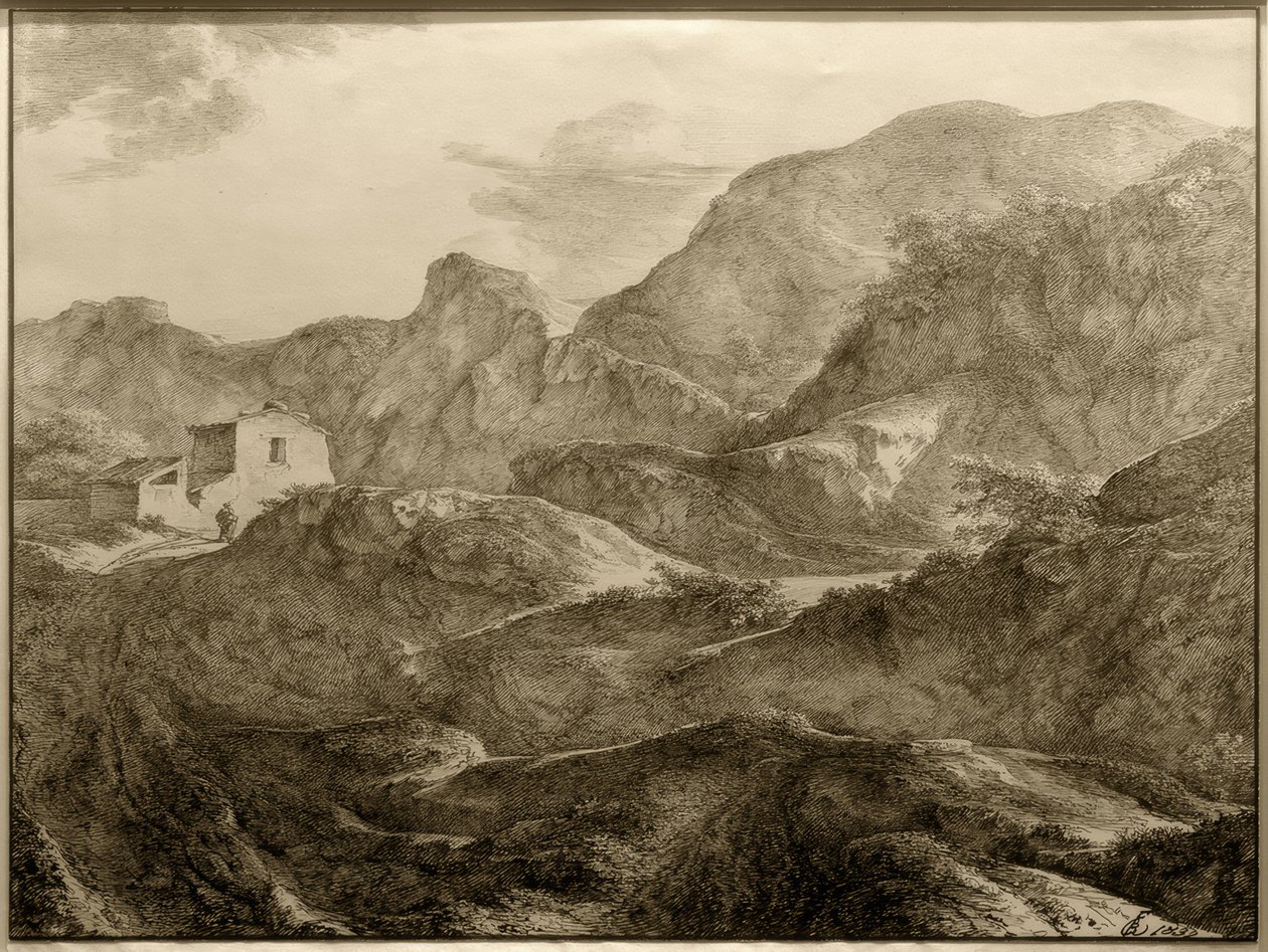 Fjelllandskap, til venstre et hus med en turgåer foran av Carl Friedrich von Rumohr