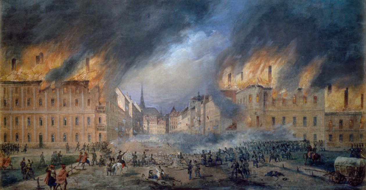 Slaget ved Sternbarrikade i Jagerzeile 28. oktober 1848, revolusjon i Wien, brann i byen, maleri av Carl Goebel (1824-1899), Østerrike av Carl Goebel