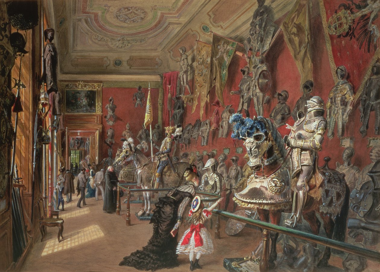 Det andre våpenrommet i Ambraser Gallery of the Lower Belvedere, 1875 (wc) av Carl Goebel