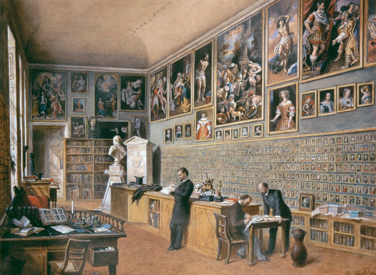 Biblioteket, også kontoret til embetsmennene for Ambras-samlingen (portrettsamling) av Carl Goebel d. J.