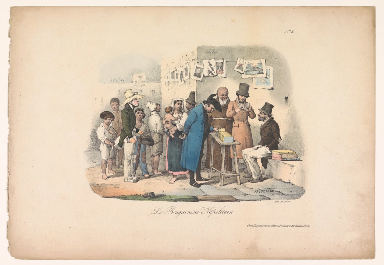 Bokhandlerbod i Napoli Le Bouquiniste Napolitain (tittel på objekt) Sjangerscener i Napoli (serietittel) Scener populære de Naples og douze Tableaux (serietittel) av Carl Gustaf Hjalmar Mörner