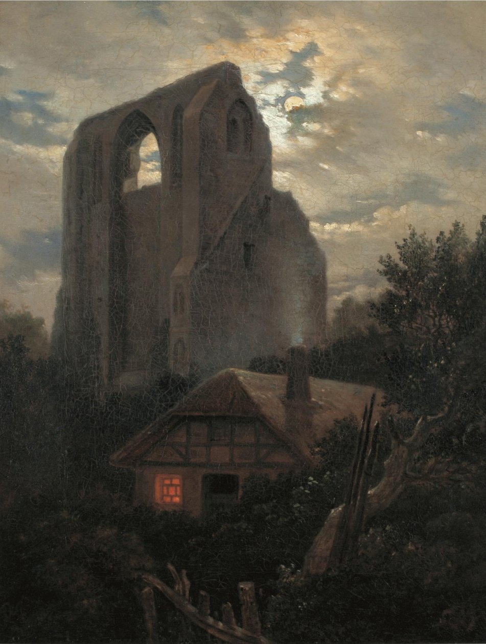 Ruinene av Eldena-klosteret med hytte nær Greifswald i måneskinn, 1820 av Carl Gustav Carus