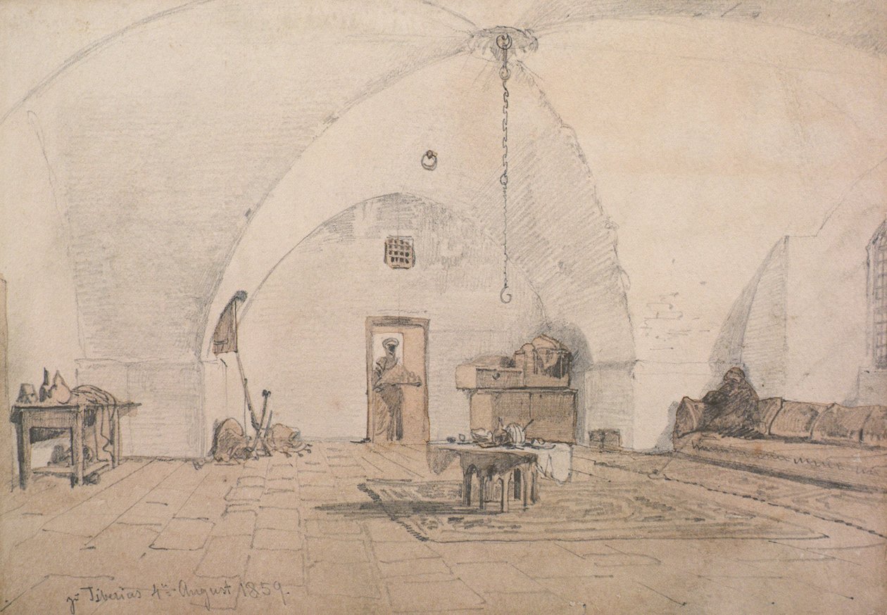 Et interiør på Tiberias, 1859 (blyant og vask på papir) av Carl Haag