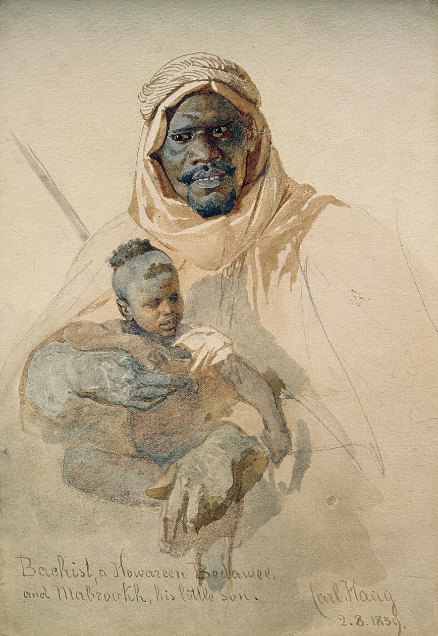 Bachist, en Howazeen Bedawee og Mabzookh, hans lille sønn, 1859 (blyant og wc-vask på papir) av Carl Haag