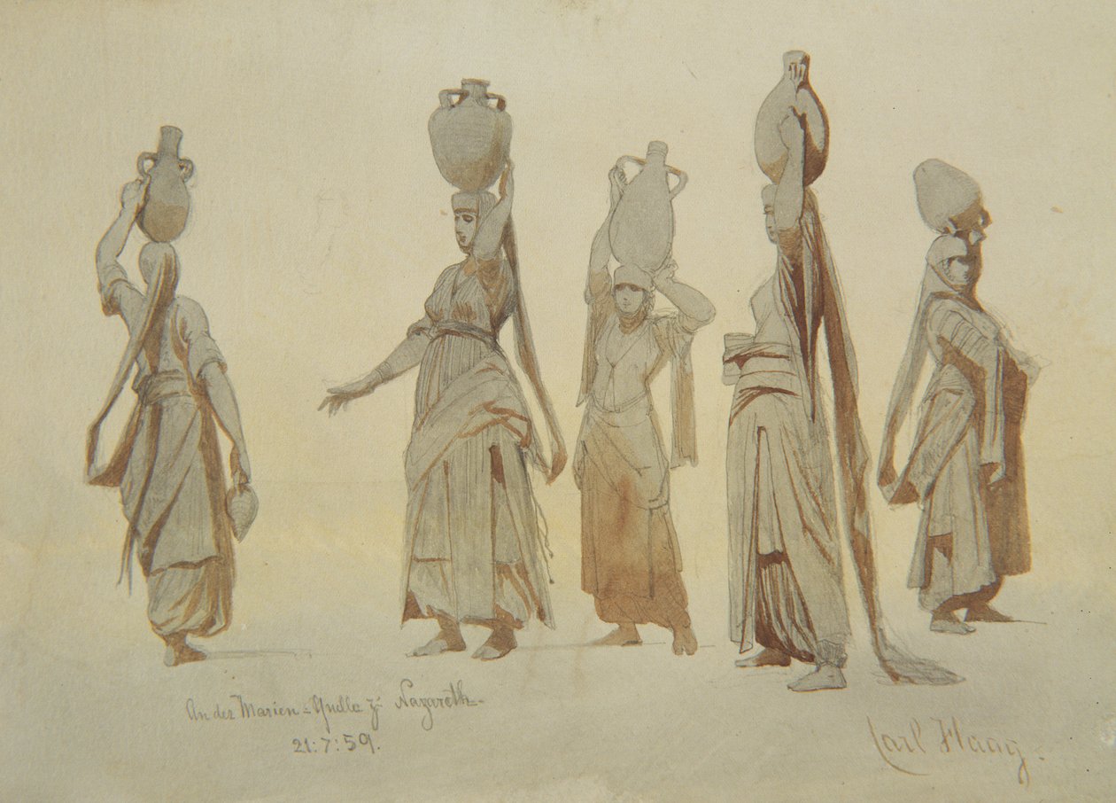 Kvinnelige vannbærere, Nasaret, 1859 (blyant og vask på papir) av Carl Haag