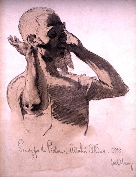 Figure Praying, en studie for bildet, Allahu Akbar, 1873 (blyant- og akvarellvask på papir) av Carl Haag