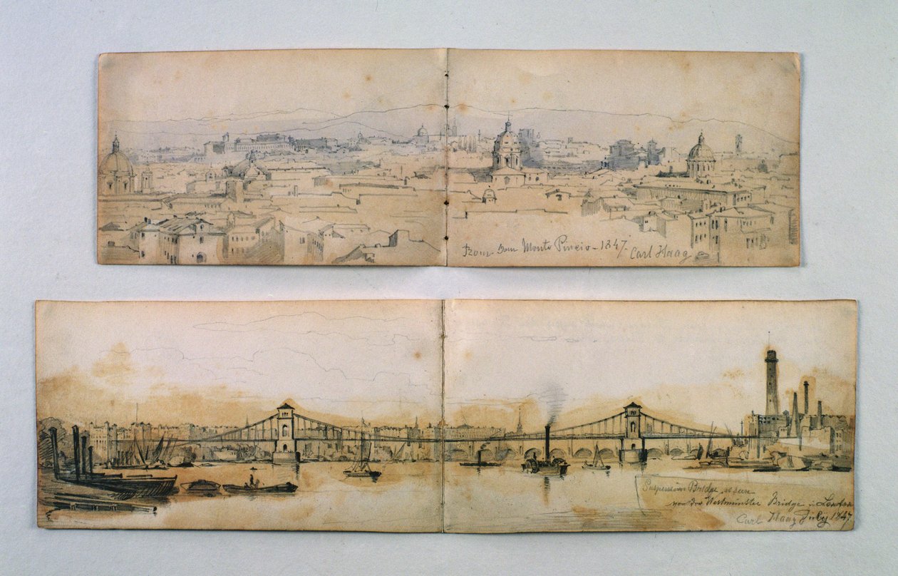 Hungerford Suspension Bridge og Monte Pineio, 1847 (blyant og vask på papir) av Carl Haag