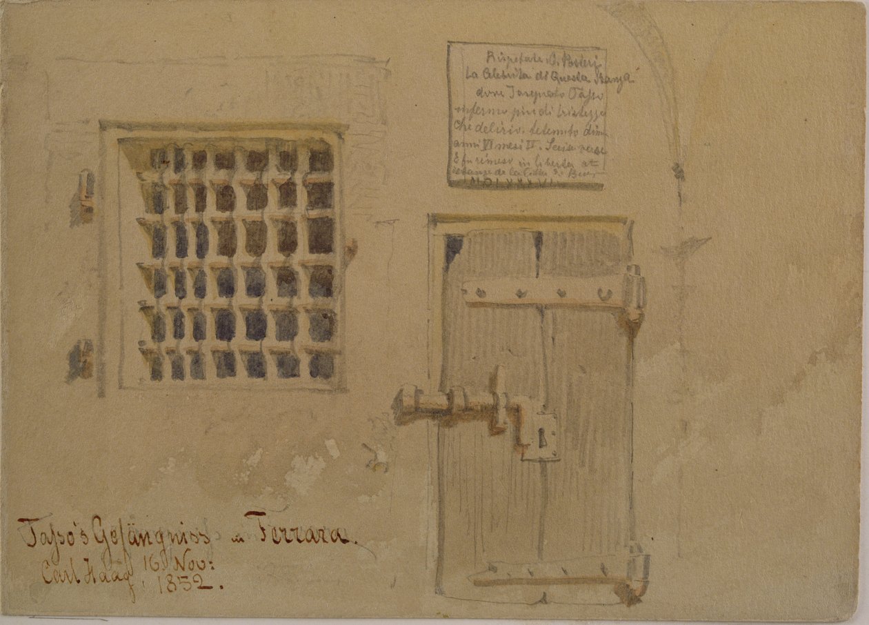 Jassos fengsel i Ferrara, 1852 (blyant og wc-vask på papir) av Carl Haag
