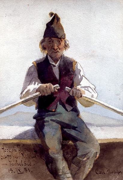 Joseph Zwenger i en robåt, det bayerske høylandet av Carl Haag