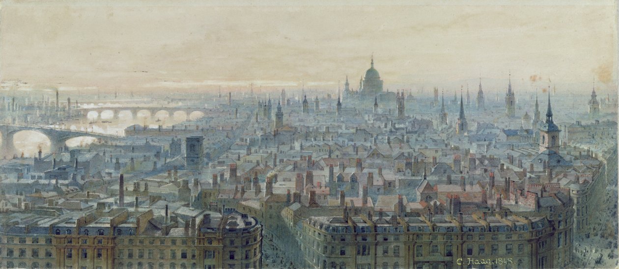 Panorama av London fra toppen av monumentet, sett vestover, 1848 av Carl Haag