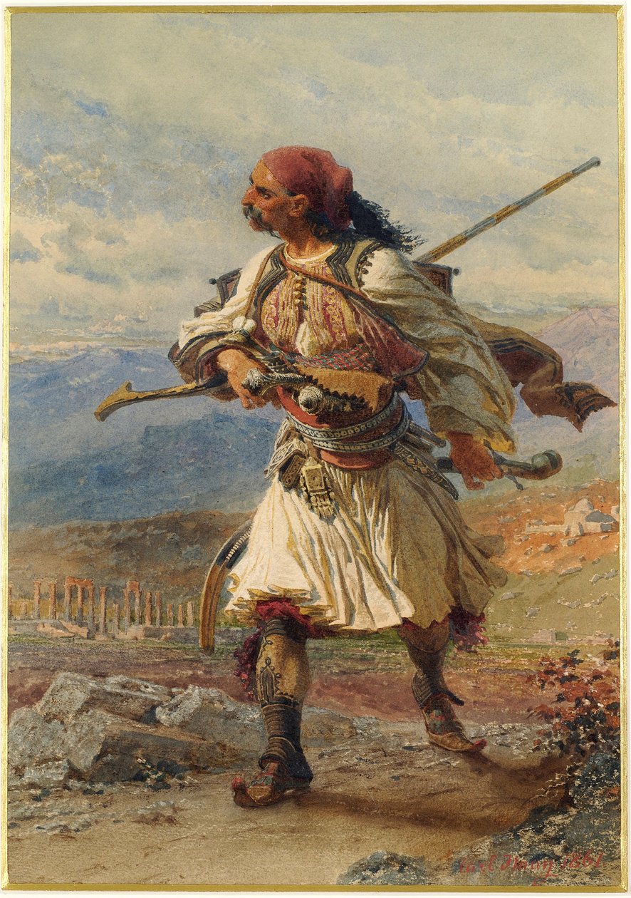 Portrett av en Armatole, gresk kriger, på tidspunktet for den greske uavhengighetskrigen (1821-1830) - Verk av Carl Haag (1820-1915), akvarell og gouache på papir (35x25 cm) av Carl Haag