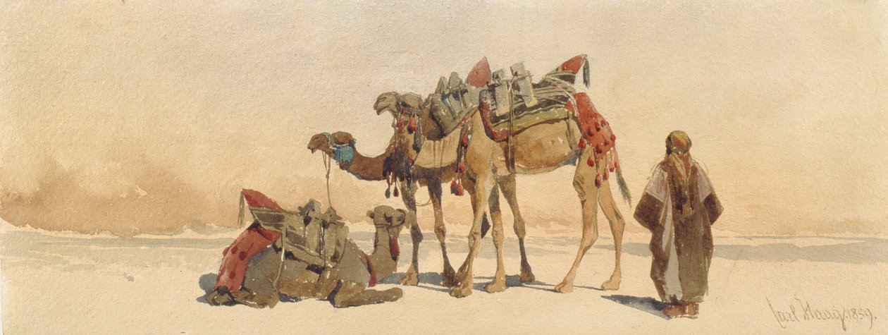 Hviler med tre kameler i ørkenen, 1859 av Carl Haag
