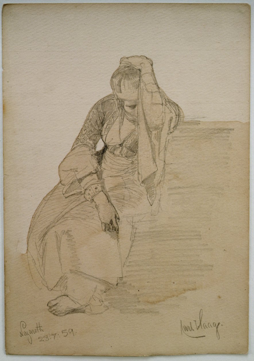 Studie av en sittende dame, Nasaret, 1859 (blyant og wc-vask på papir) av Carl Haag