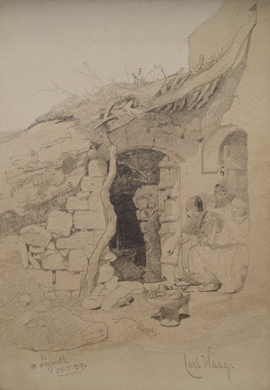 Tre figurer som sitter utenfor et hus, Nasaret, 1859 (blyant og vask på papir) av Carl Haag