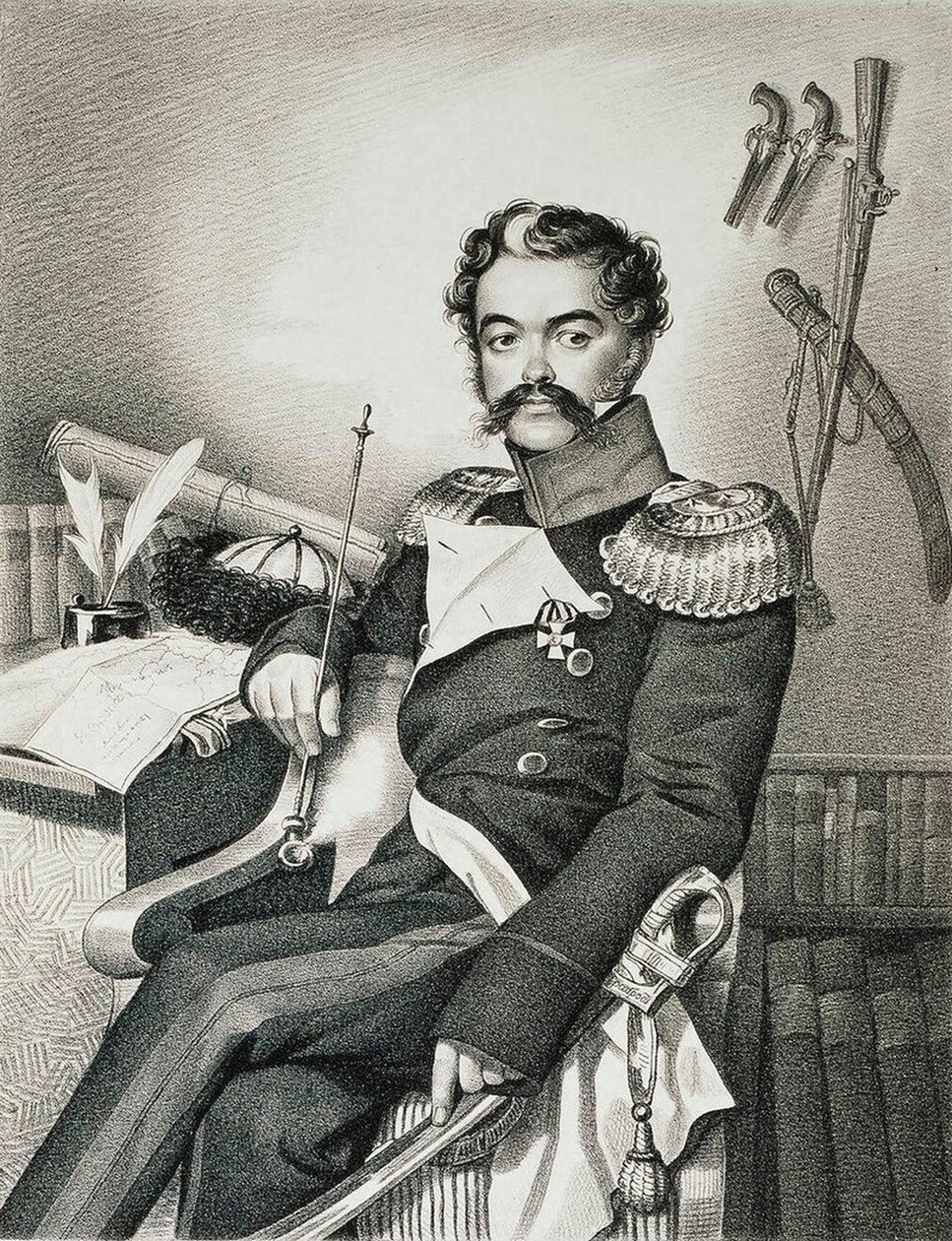 Portrett av Denis Davydov 1784-1839, soldat og poet, tidlig på 1800-tallet. av Carl Hampeln von