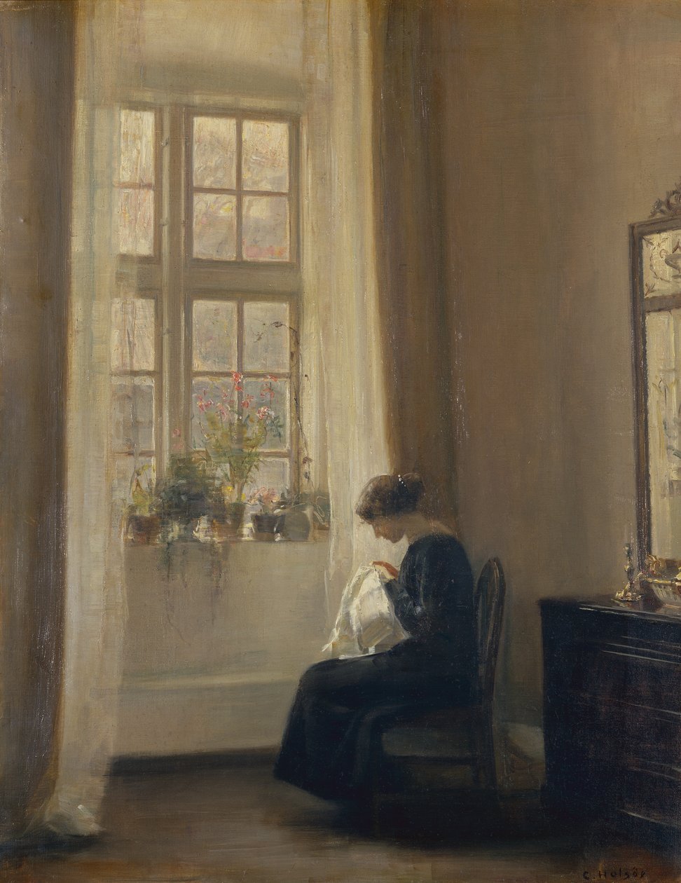 En jente som syr i et interiør (olje på lerret) av Carl Holsoe