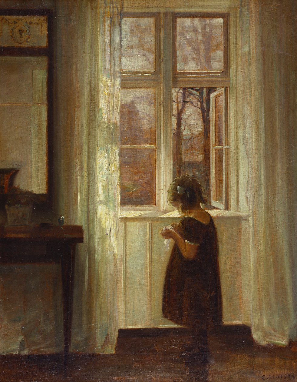 En jente som står ved et vindu (olje på lerret) av Carl Holsoe