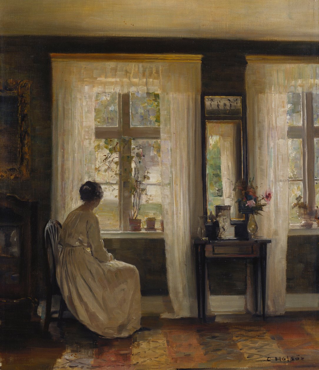 En dame i et interiør (olje på lerret) av Carl Holsoe