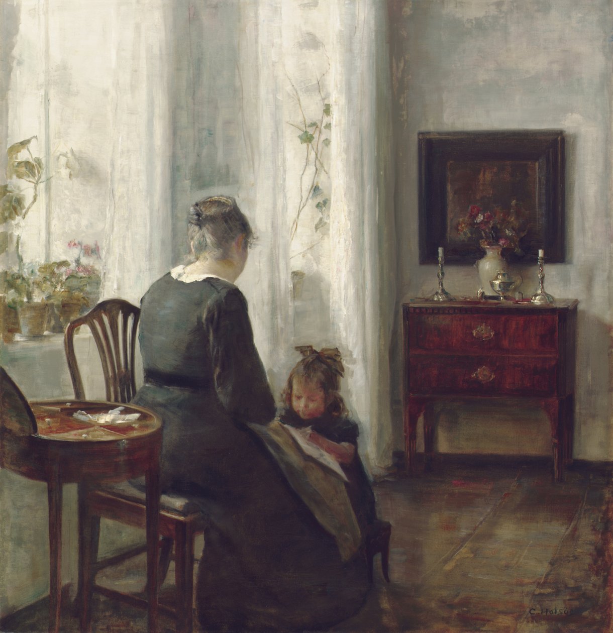 En mor og et barn i et interiør (olje på lerret) av Carl Holsoe