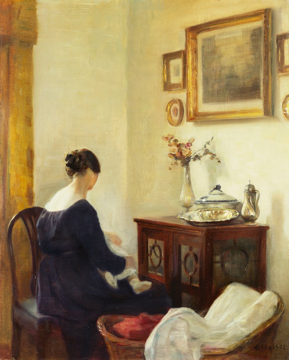 En mor og et barn i et interiør (olje på lerret) av Carl Holsoe