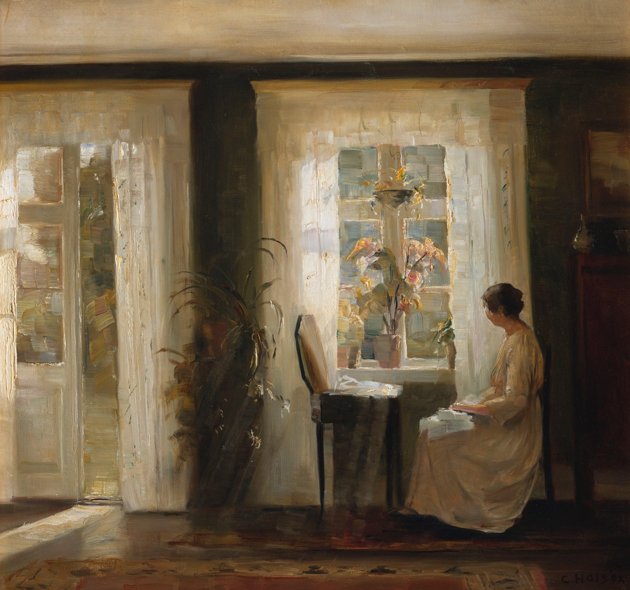 En kvinne ved et solfylt vindu (olje på lerret) av Carl Holsoe
