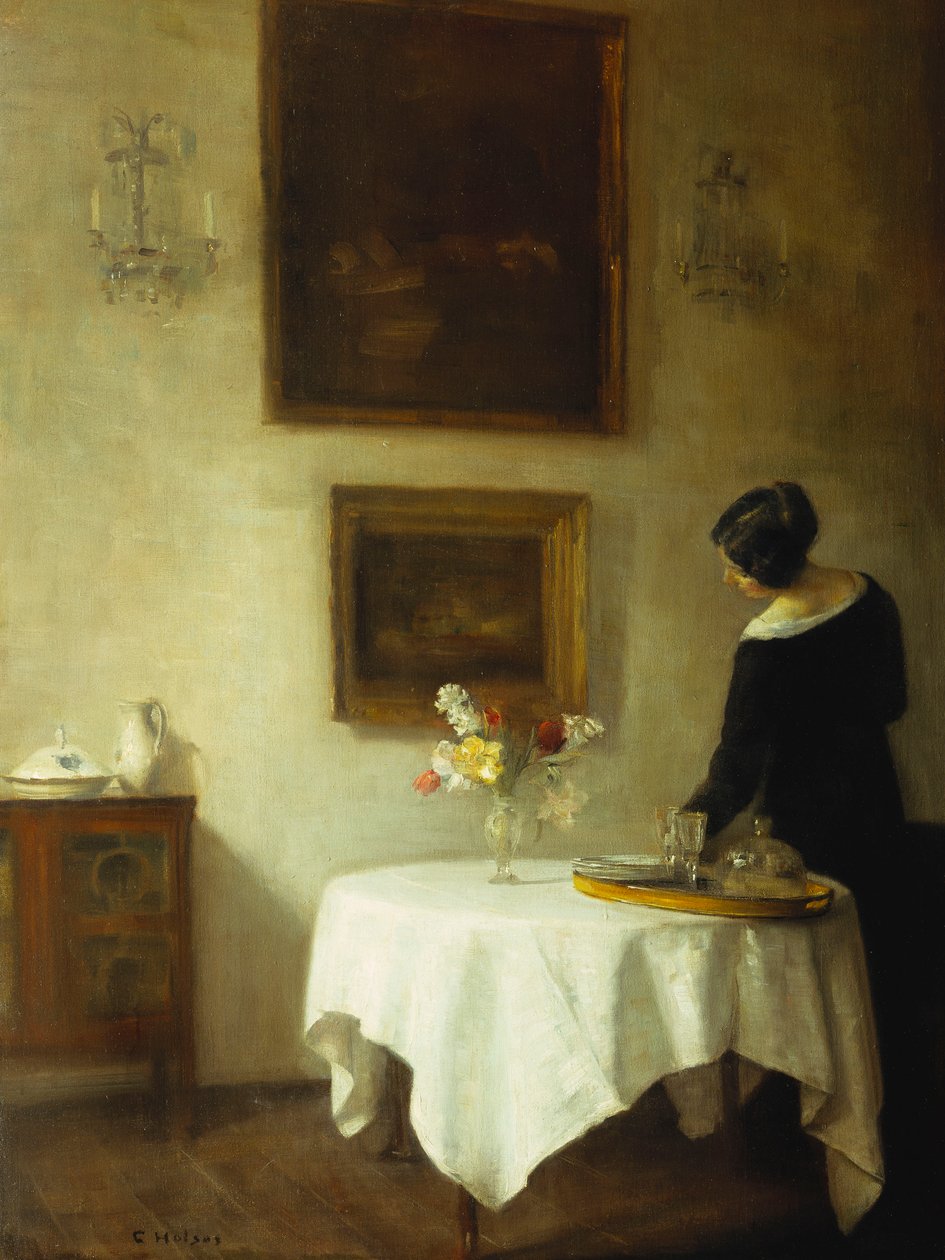 En kvinne ved et spisebord (olje på lerret) av Carl Holsoe