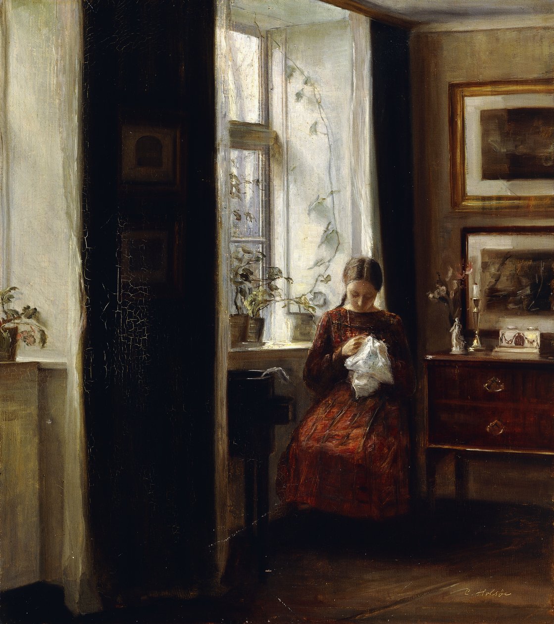 En ung jente som syr av Carl Holsoe