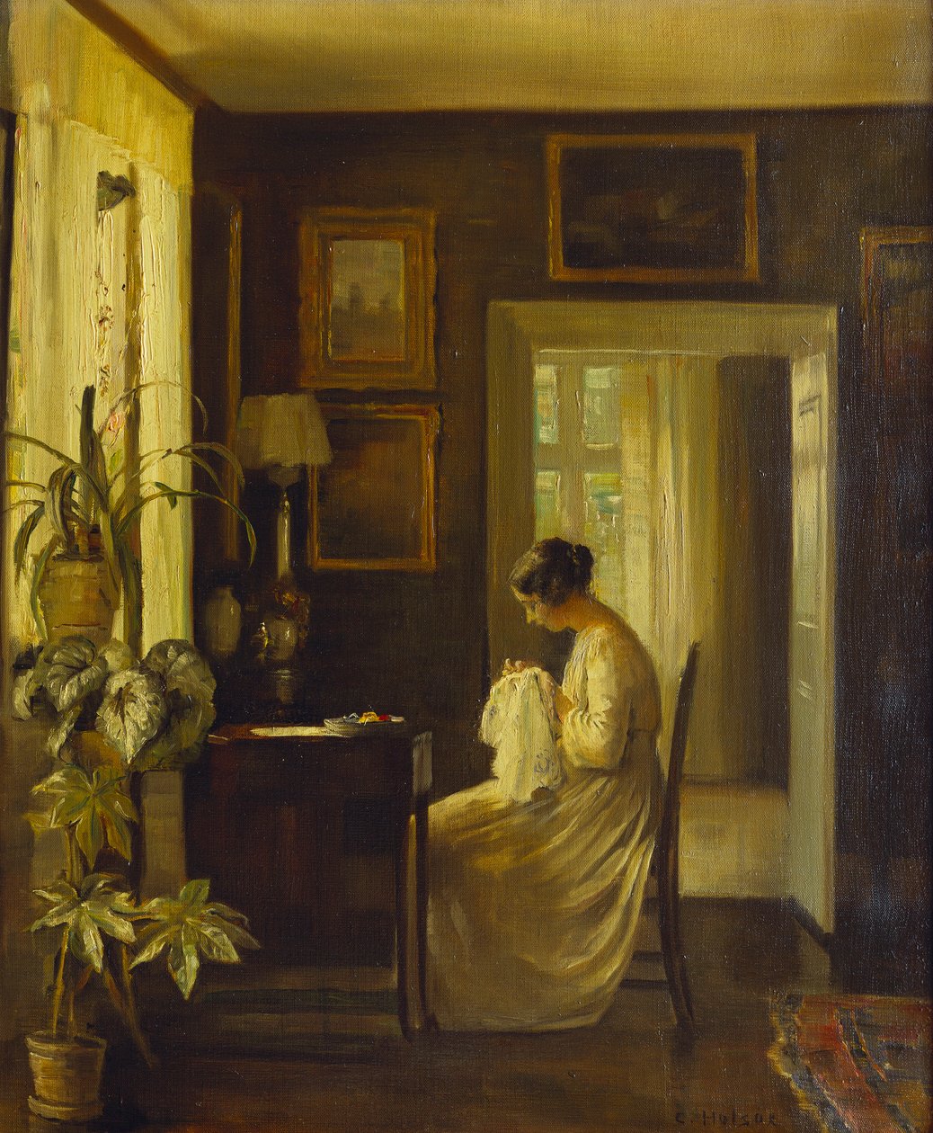 Et interiør med en kvinne som syr (olje på lerret) av Carl Holsoe