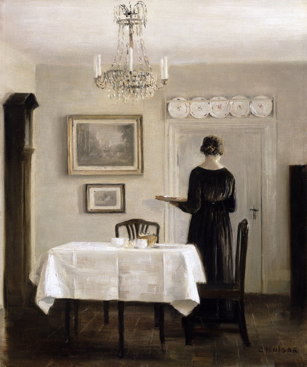 Interiør med Lady Carrying Tray, ca. 1905 av Carl Holsoe