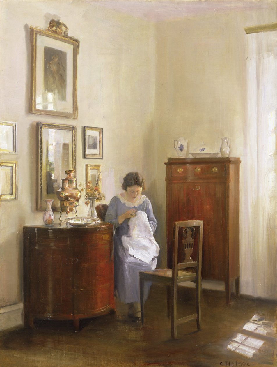 Interiør med Lady Sewing, ca.1910 av Carl Holsoe
