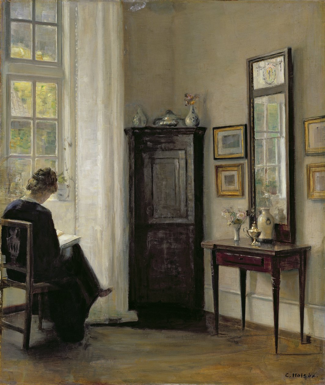 Interiør med kvinnelesing av Carl Holsoe
