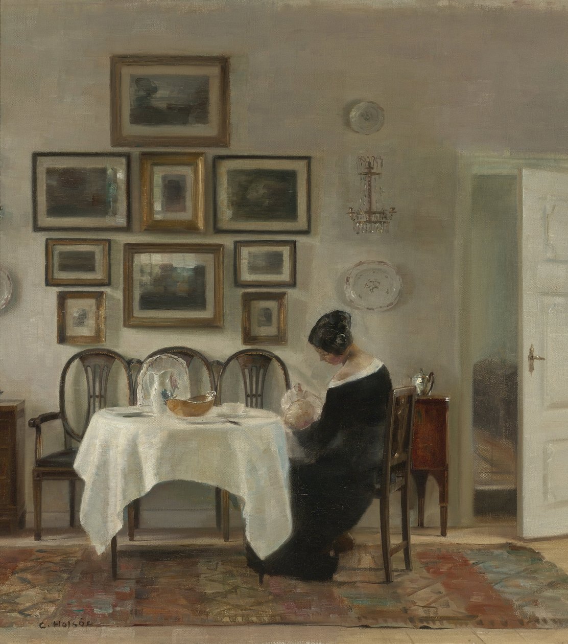 Mor og barn ved bordet par Holsoe, Carl (1863-1935), - Olje på lerret, 75,2x68,2 - Privat samling av Carl Holsoe