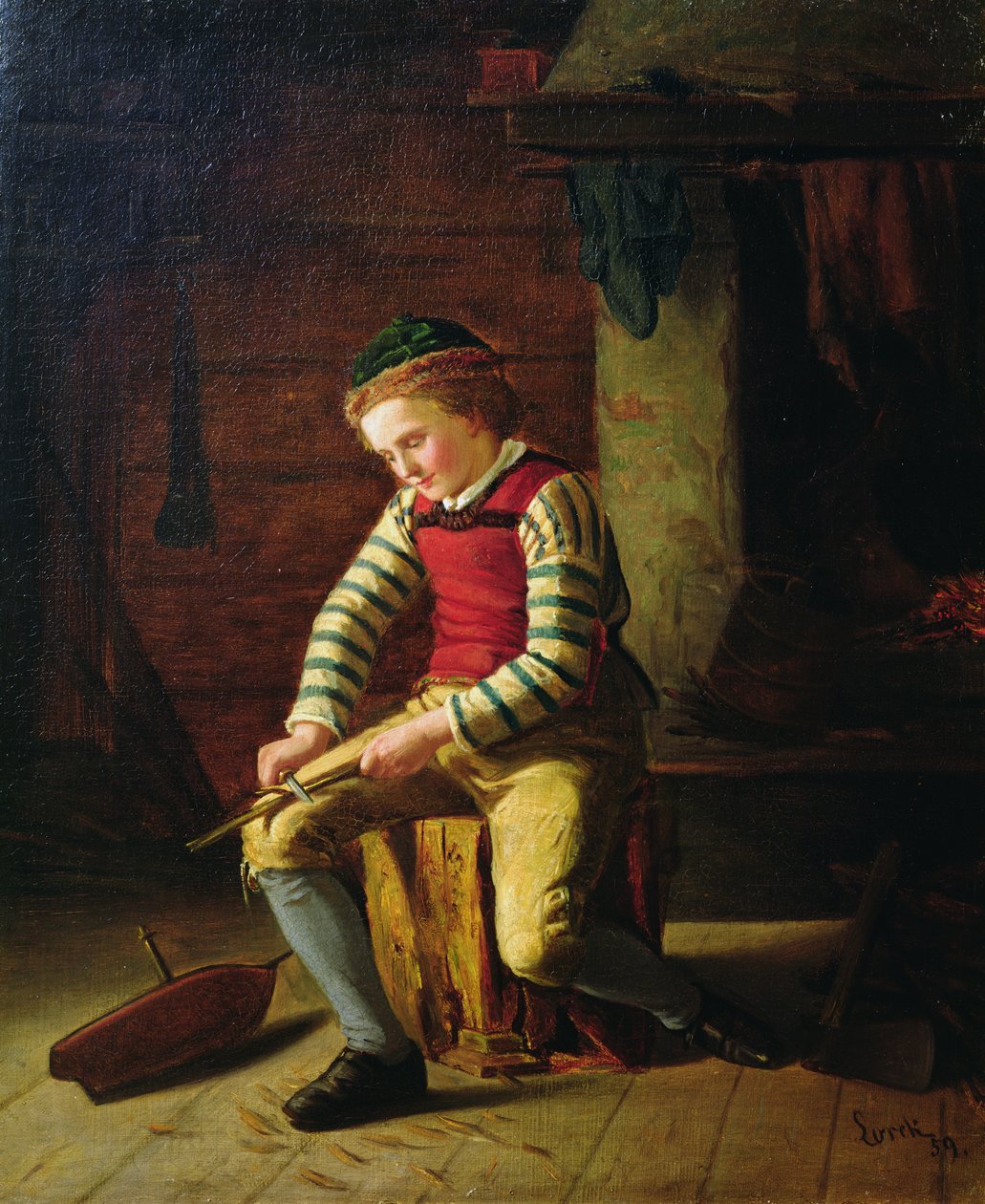 Gutt lager en trebåt av Carl Julius Lorck