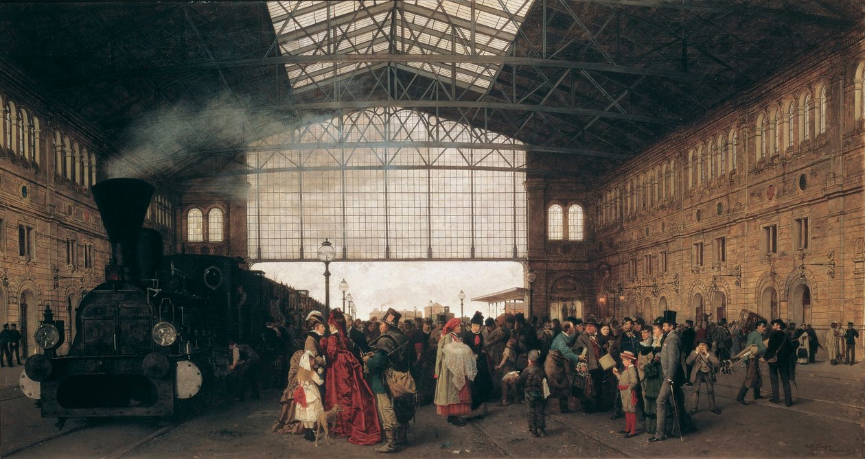 Ankomst av et tog ved Wien Nordvest-stasjon av Karl Karger (1848-1913) av Carl Karger
