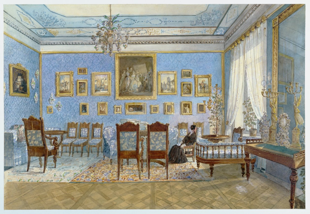 Salongen til Madame Hanska (1801-82) i St. Petersburg (wc på papir) av Carl Kollmann